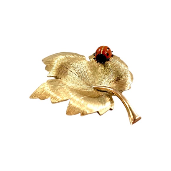 VTG Krementz 14k Overlay Ladybug Maple Leaf Brooch - Picture 5 of 11